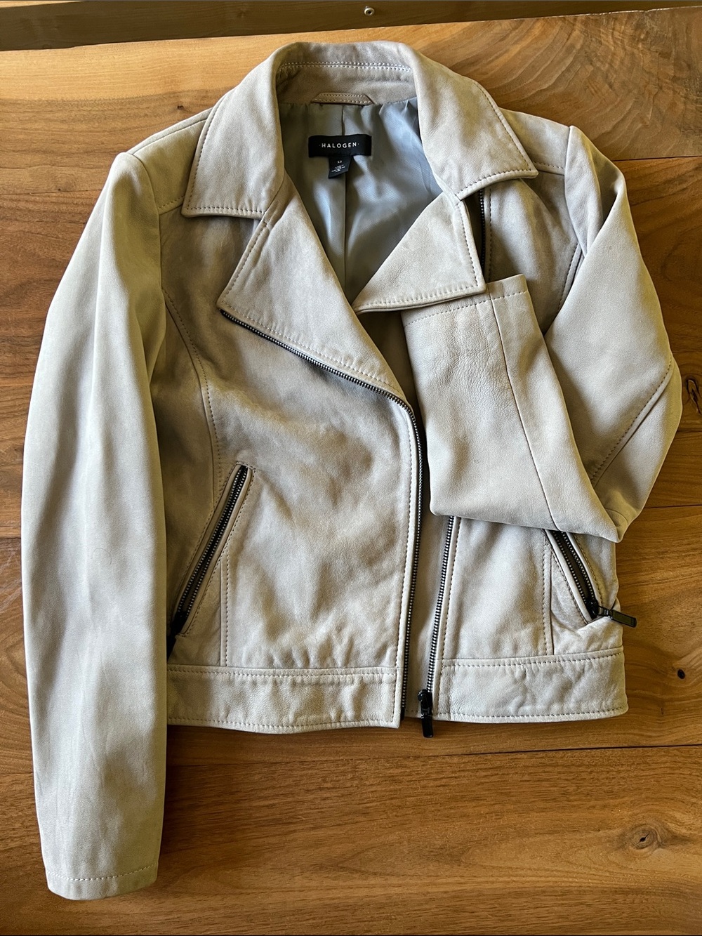Halogen XS Beige Leather Jacket Moto Style Zip Front Edgy Nordstrom